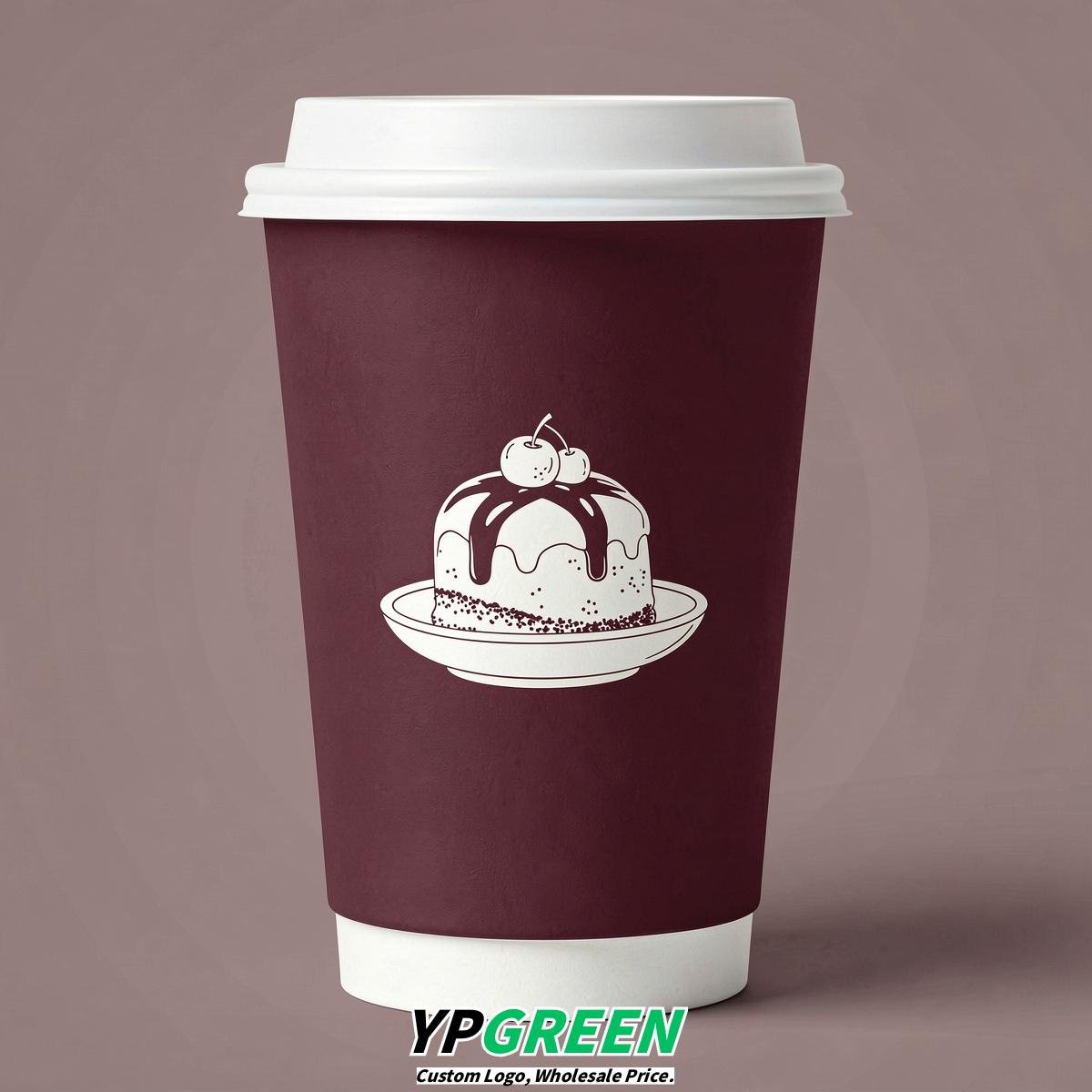 Burgundy Paper Cups with Desserts Design 8-24oz