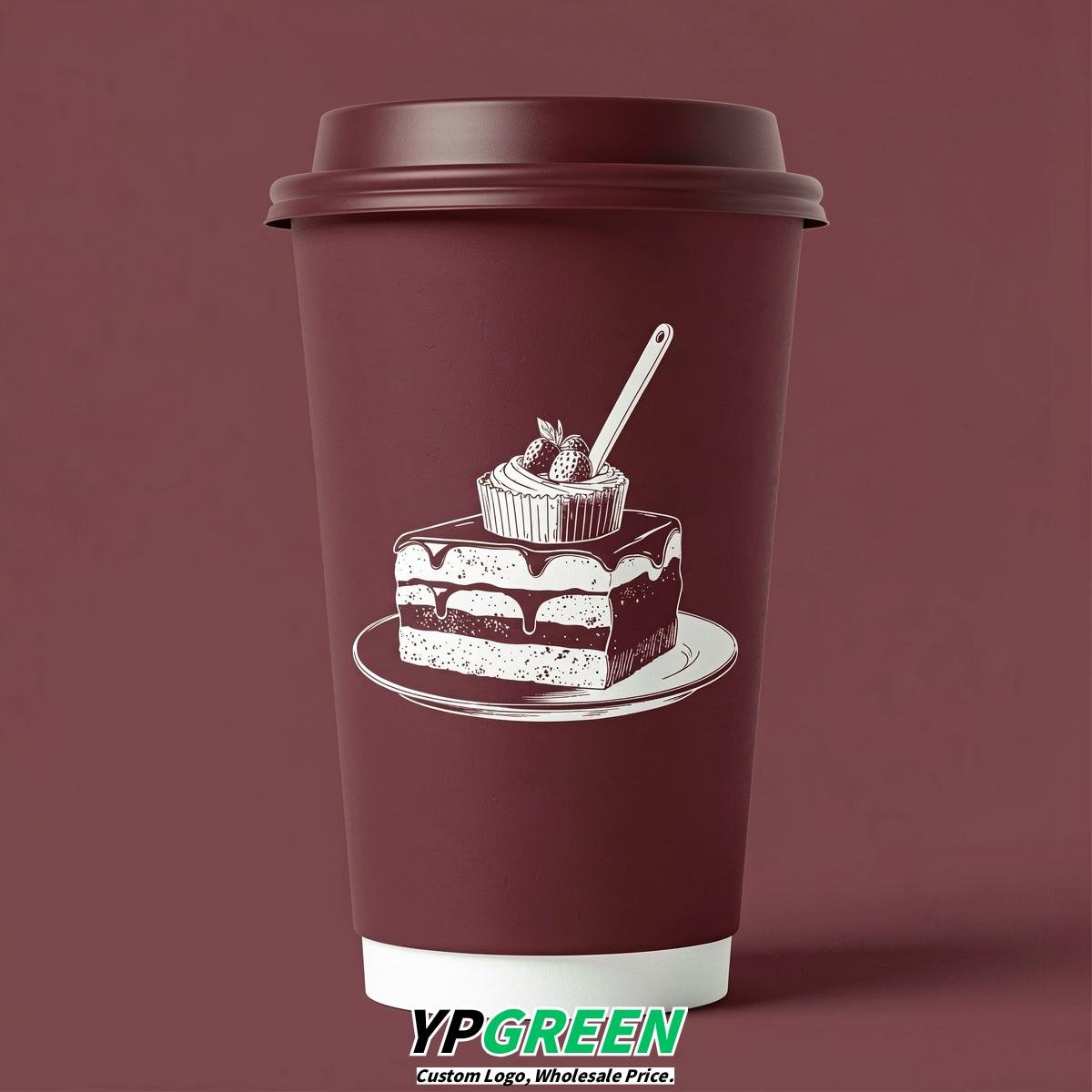 Burgundy Paper Cups with Desserts Design 8-24oz