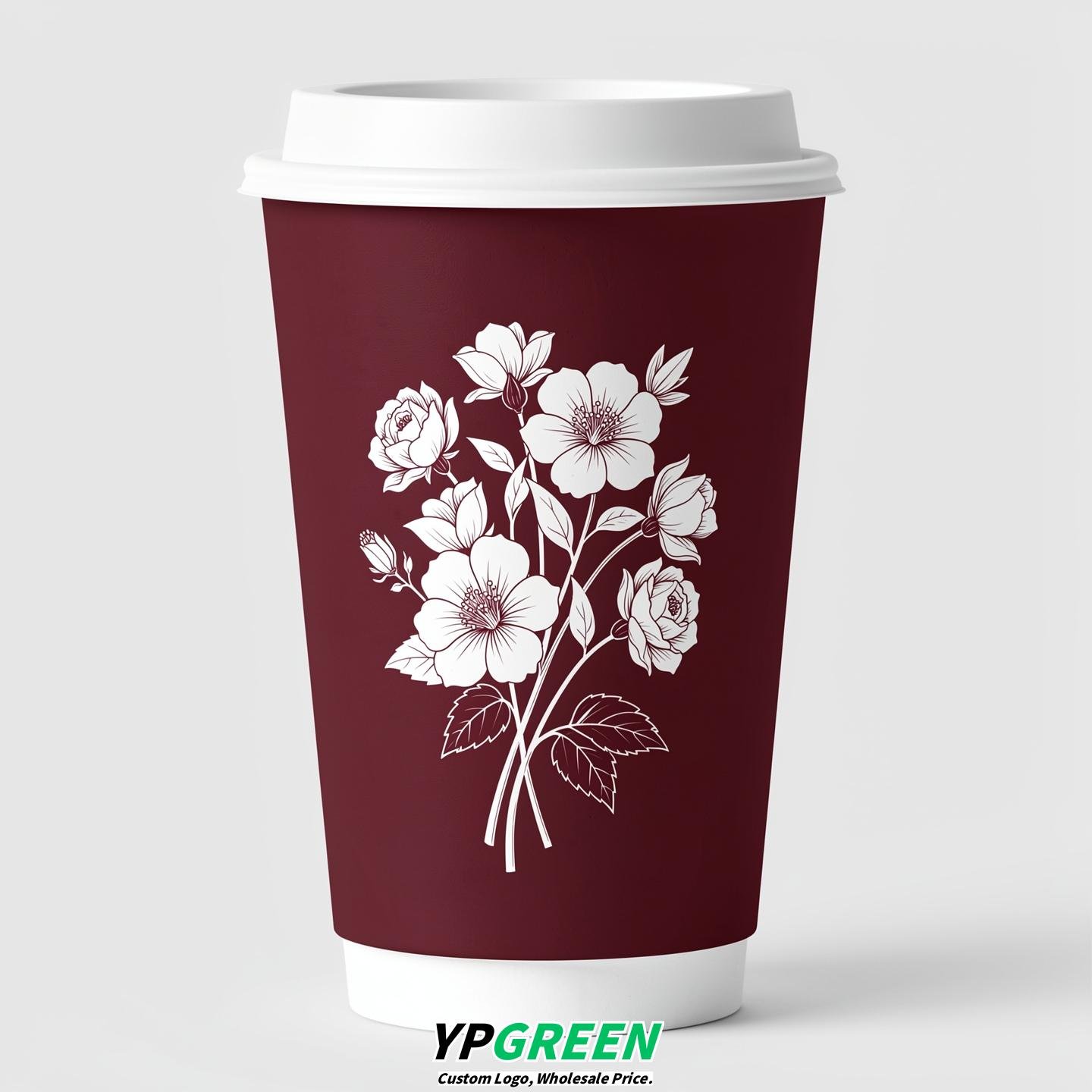 Burgundy Floral Paper Cups with Lids 8-24oz
