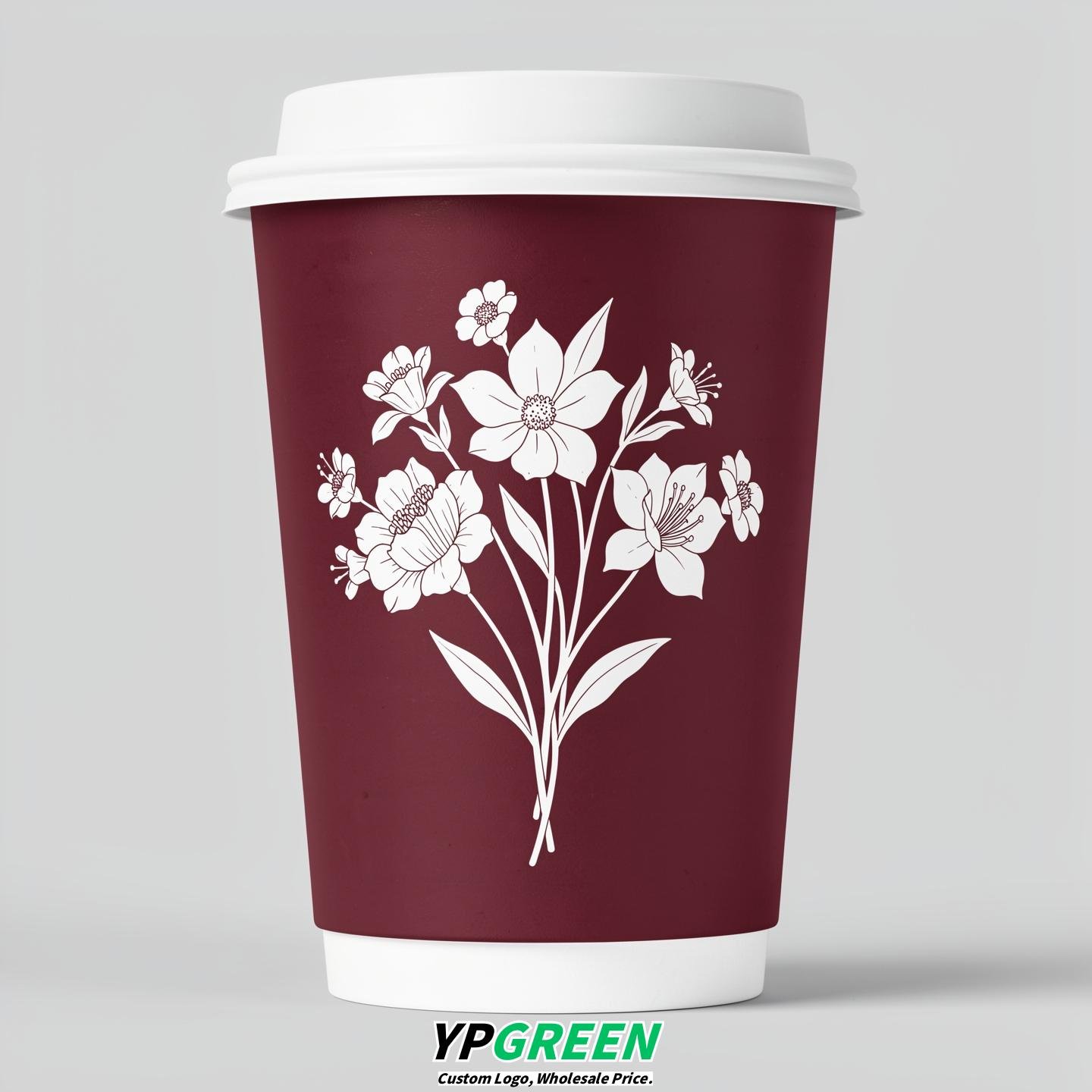 Burgundy Floral Paper Cups with Lids 8-24oz
