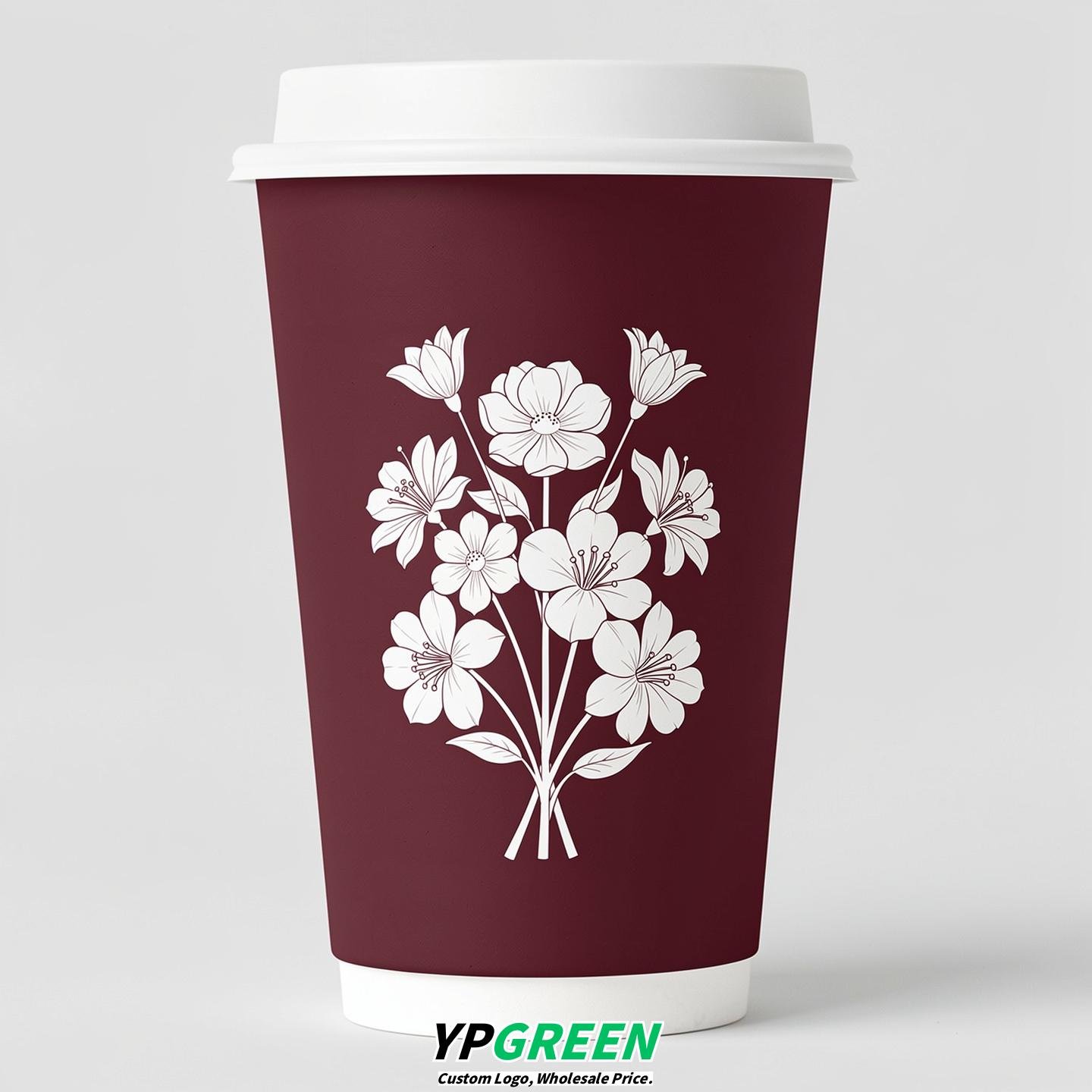 Burgundy Floral Paper Cups with Lids 8-24oz