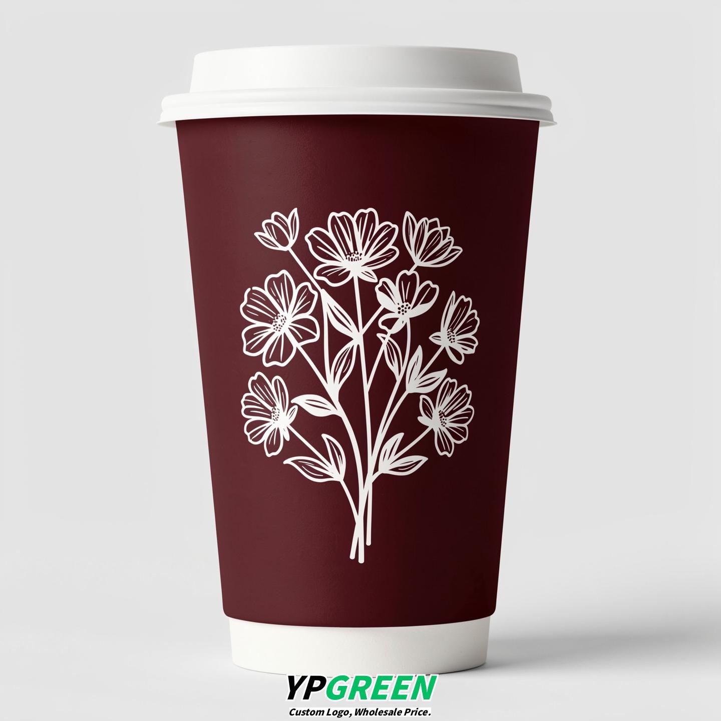 Burgundy Floral Paper Cups with Lids 8-24oz
