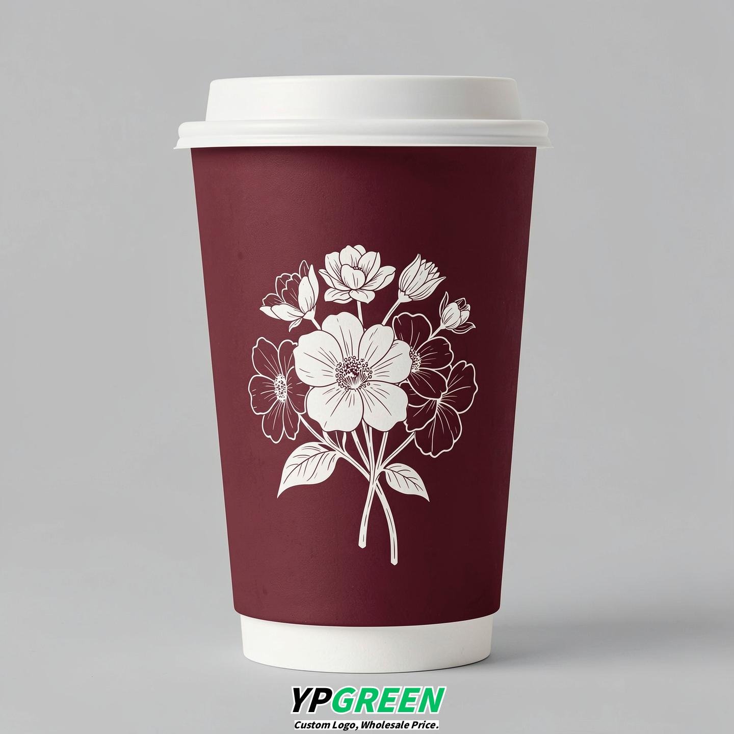 Burgundy Floral Paper Cups with Lids 8-24oz