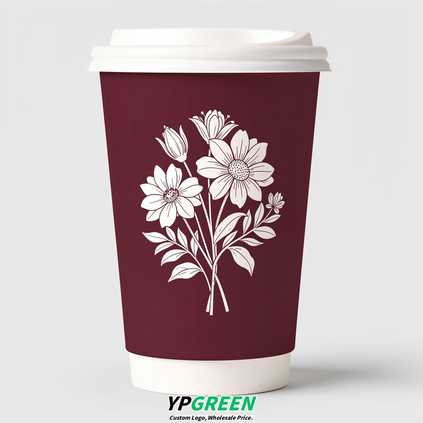 Burgundy Floral Paper Cups with Lids 8-24oz