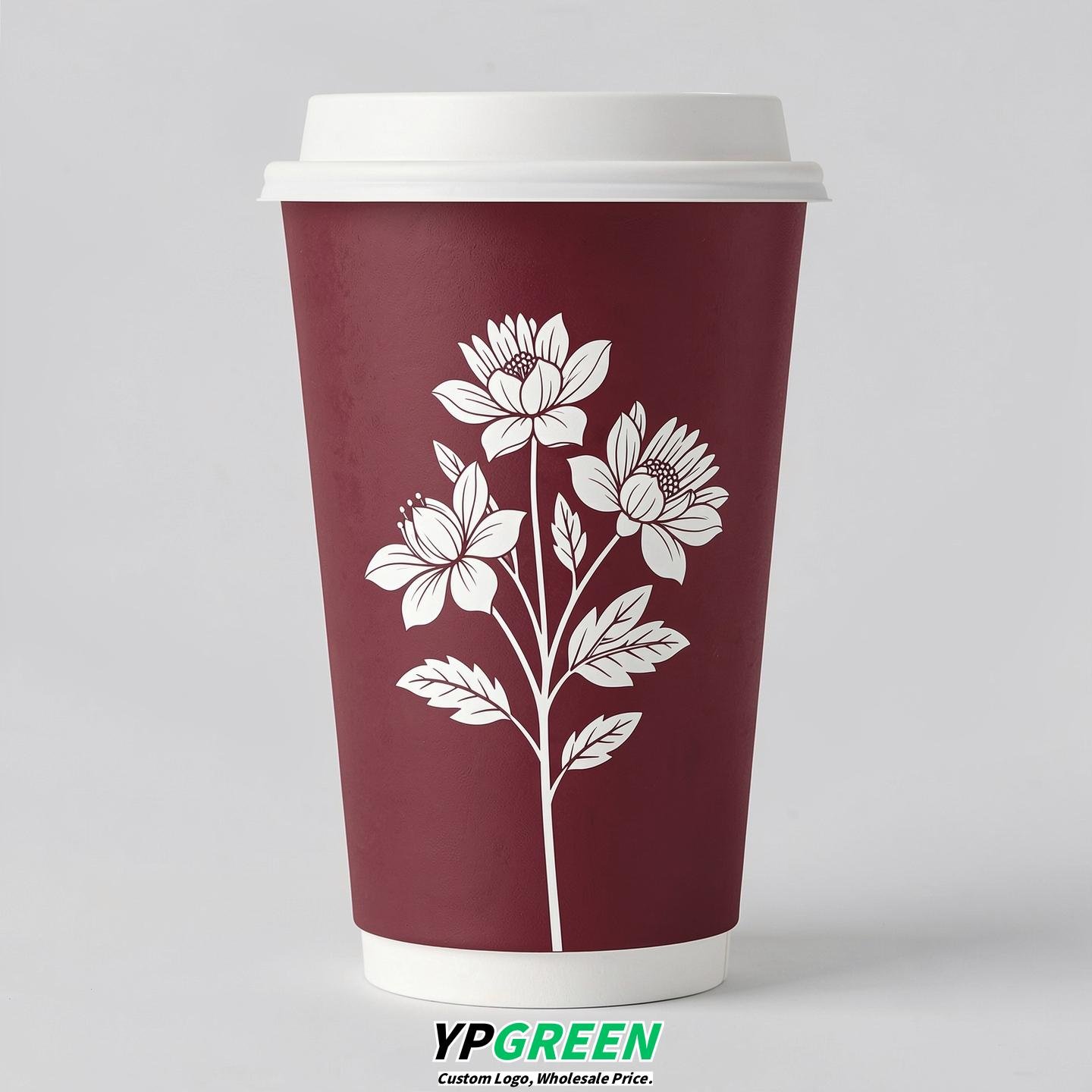 Burgundy Floral Paper Cups with Lids 8-24oz