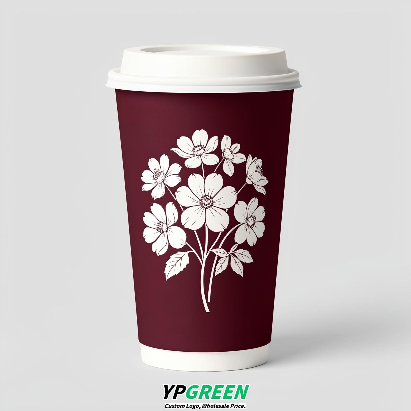Burgundy Floral Paper Cups with Lids 8-24oz
