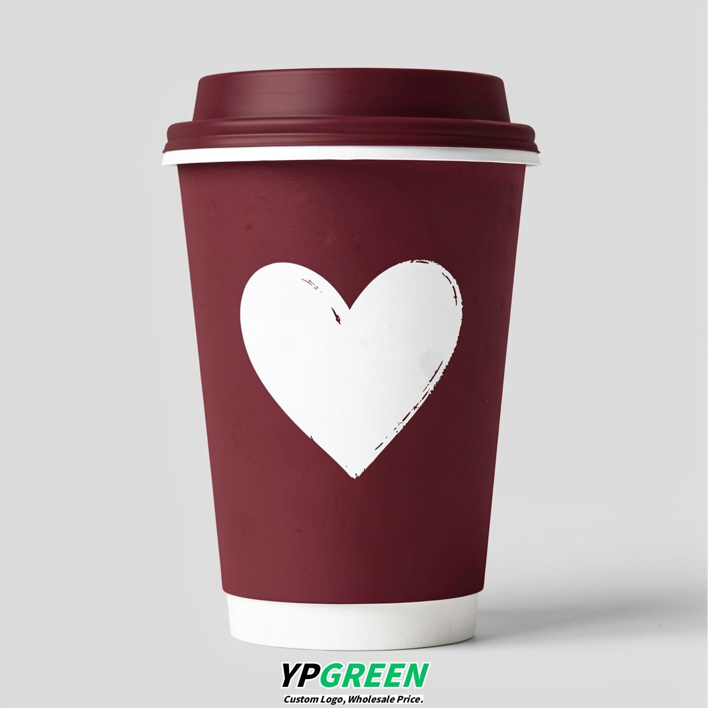 Burgundy Heart Paper Cups with Lids 8-24oz