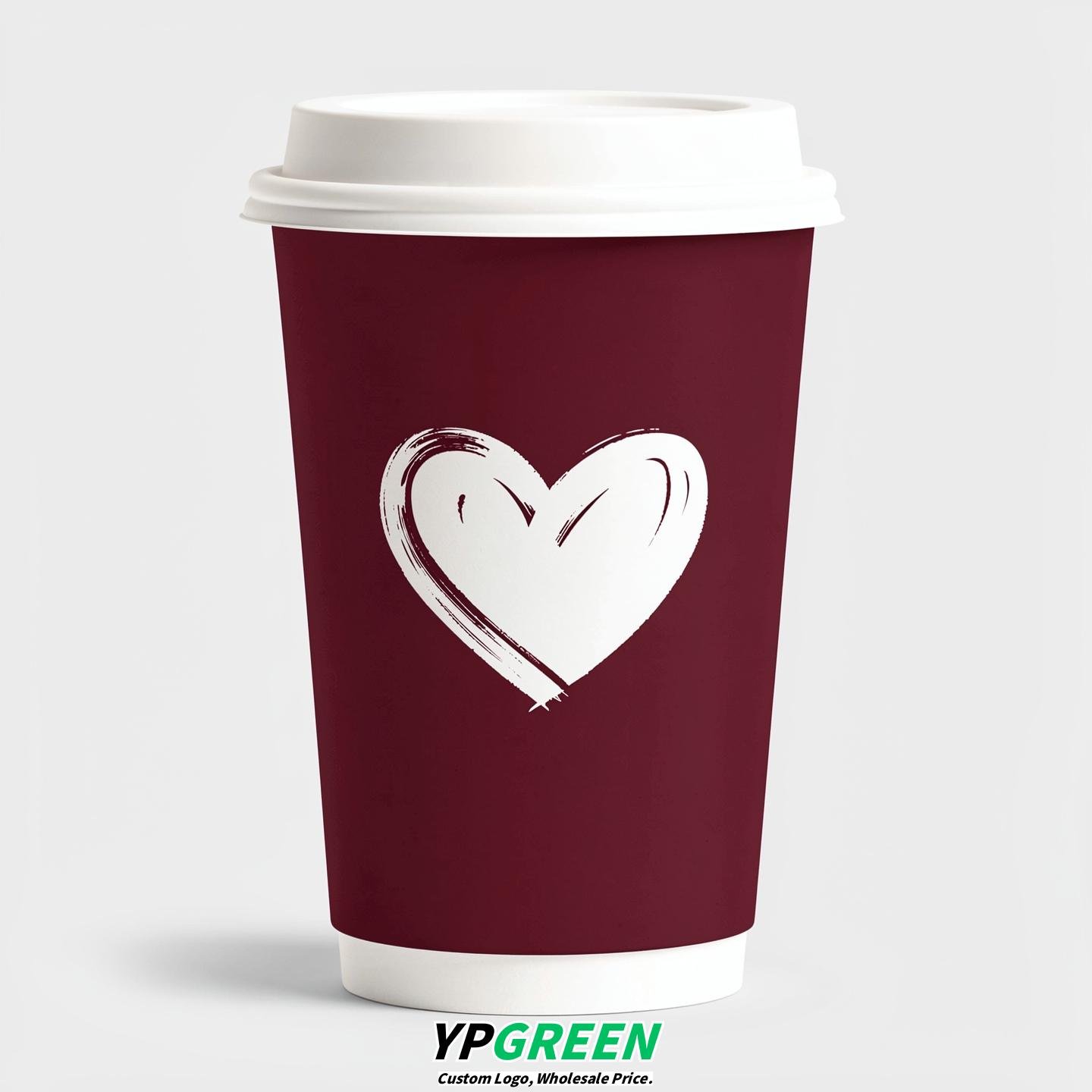 Burgundy Heart Paper Cups with Lids 8-24oz