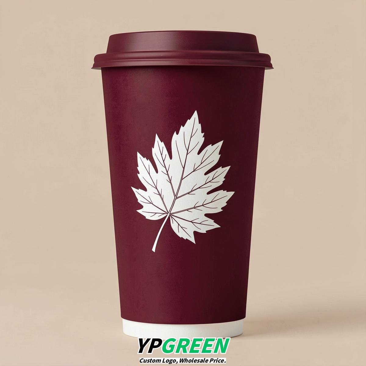 Burgundy Leaves Paper Cups with Lids 8-24oz