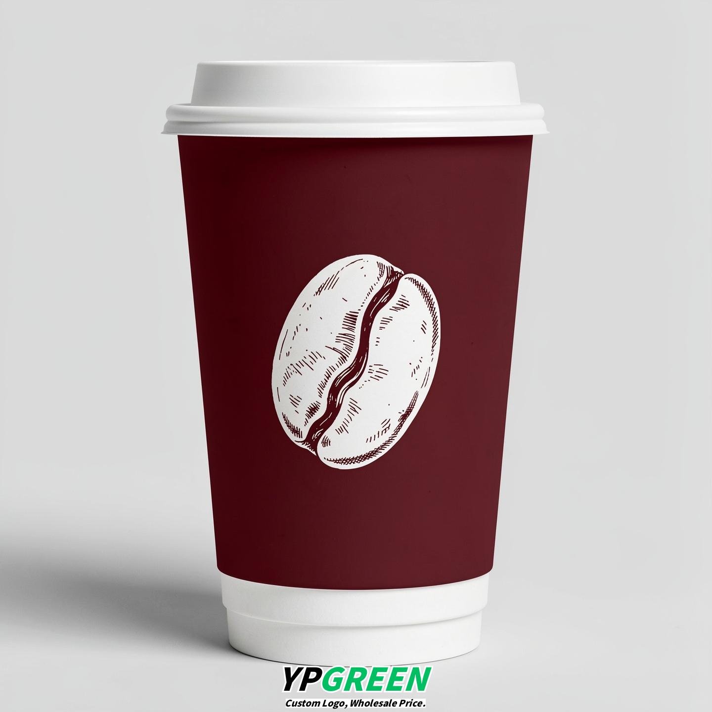 Burgundy Paper Coffee Cups with Coffee Bean Logo & Lids | 12-16oz