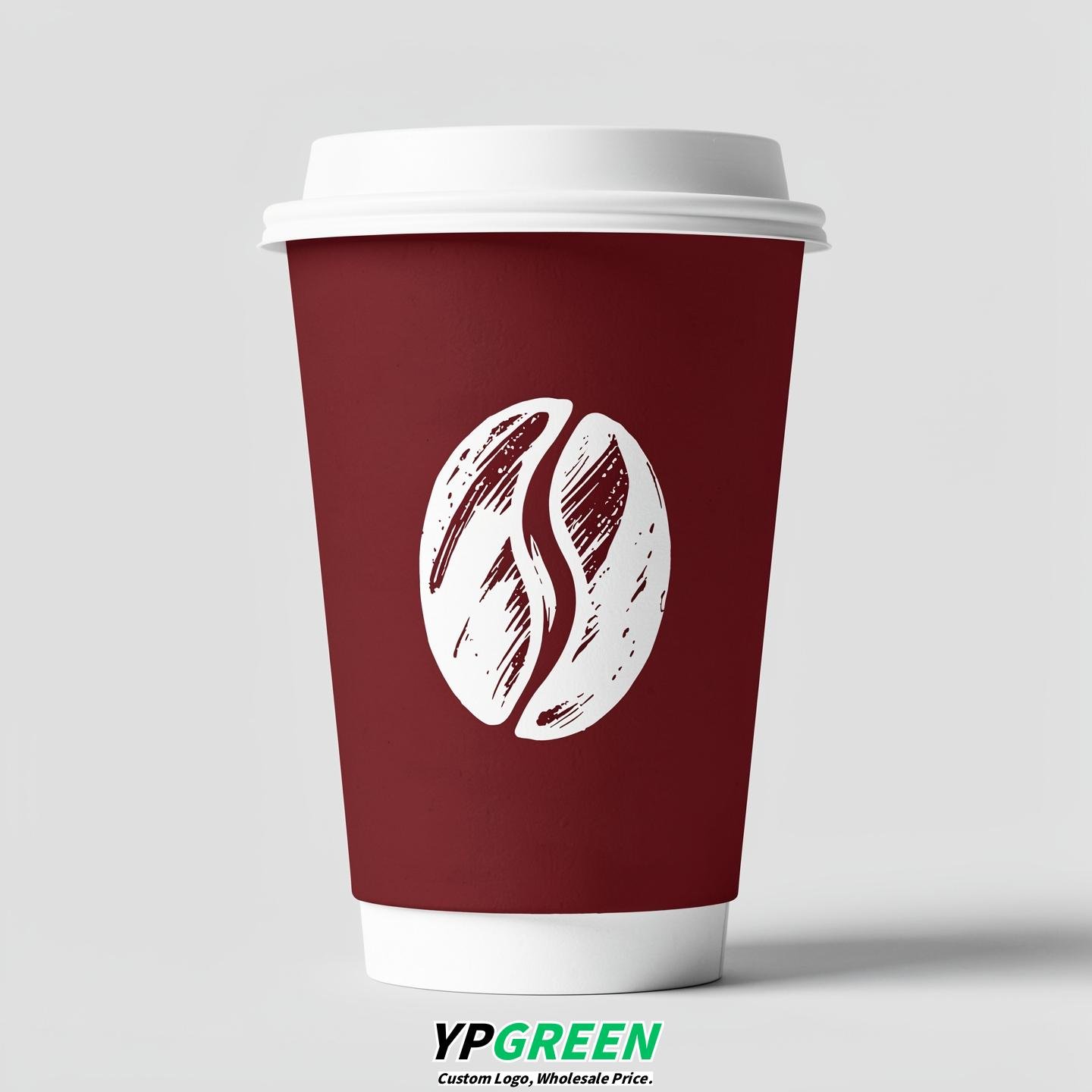 Burgundy Paper Coffee Cups with Coffee Bean Logo & Lids | 12-16oz