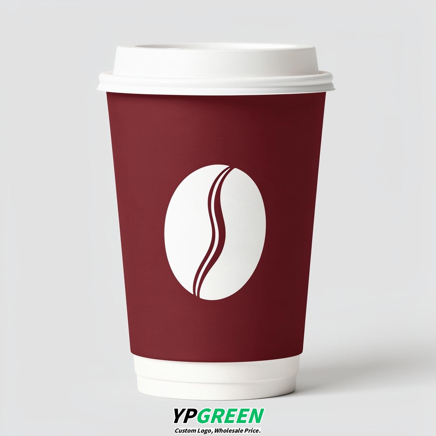 Burgundy Paper Coffee Cups with Coffee Bean Logo & Lids | 12-16oz