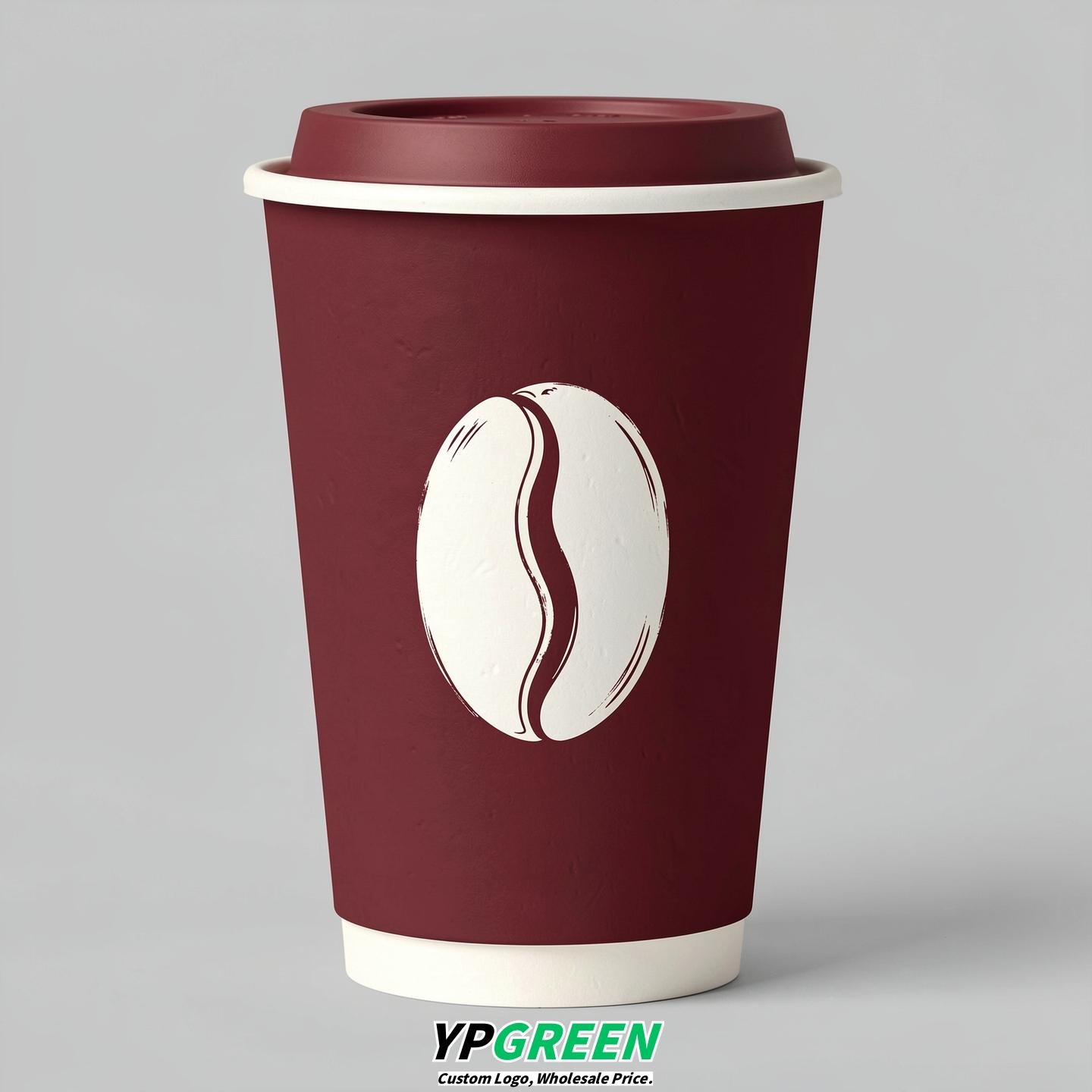 Burgundy Paper Coffee Cups with Coffee Bean Logo & Lids | 12-16oz