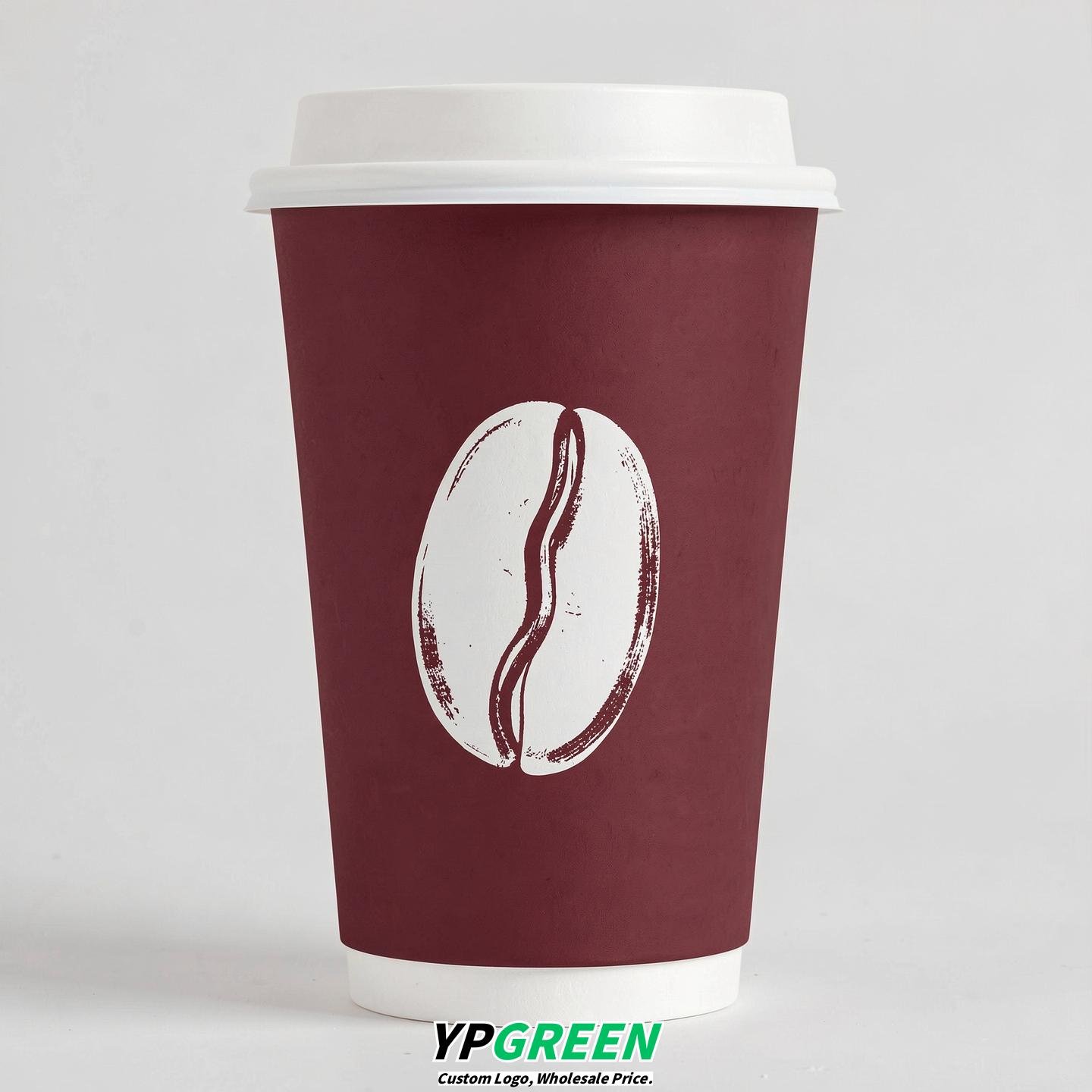 Burgundy Paper Coffee Cups with Coffee Bean Logo & Lids | 12-16oz