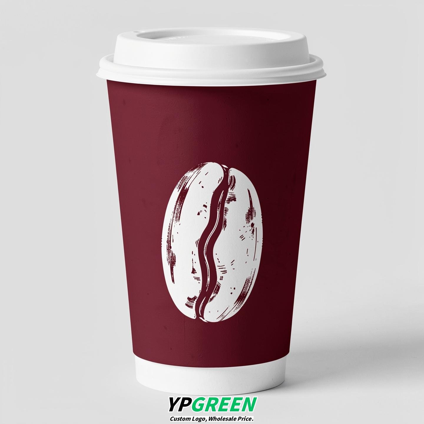 Burgundy Paper Coffee Cups with Coffee Bean Logo & Lids | 12-16oz