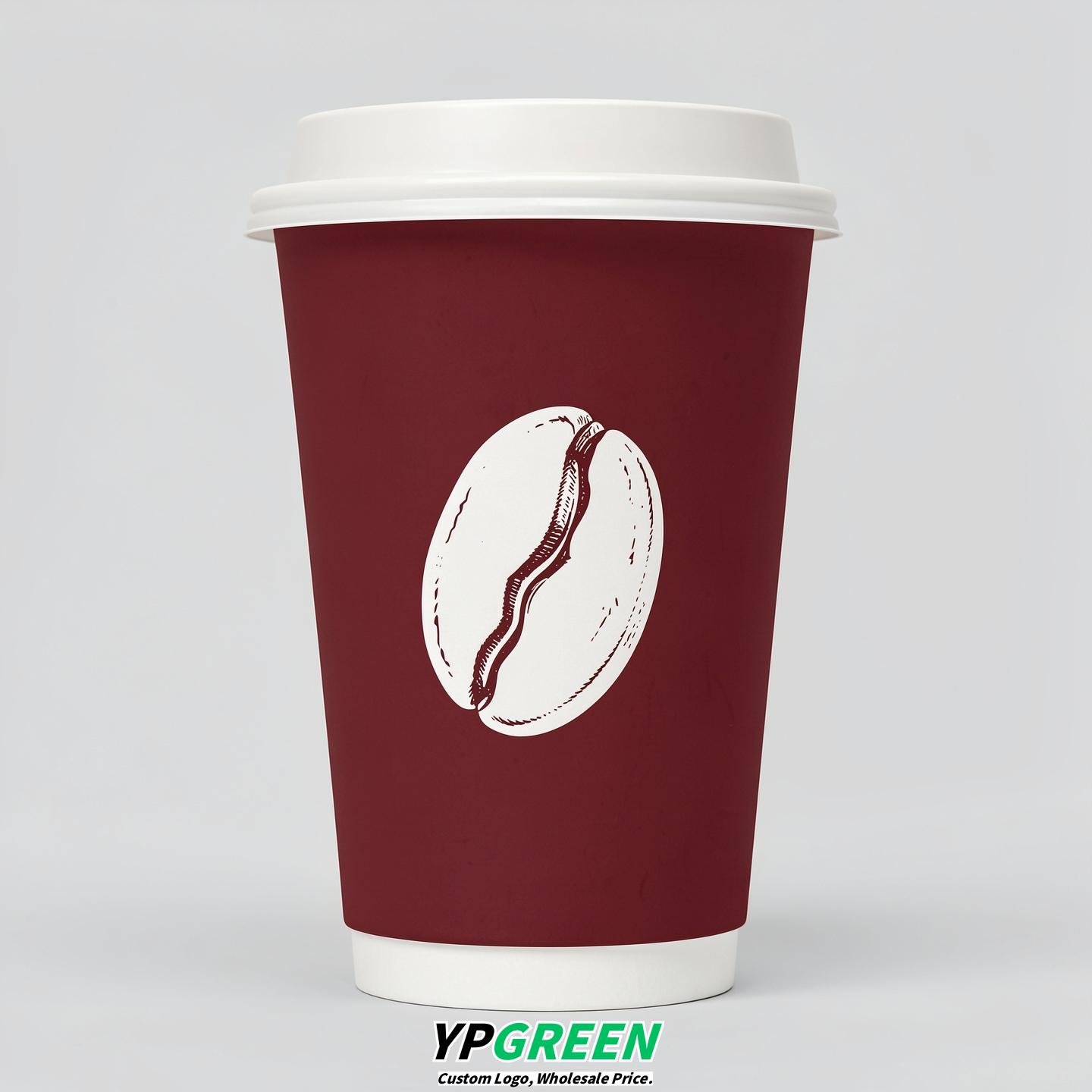 Burgundy Paper Coffee Cups with Coffee Bean Logo & Lids | 12-16oz