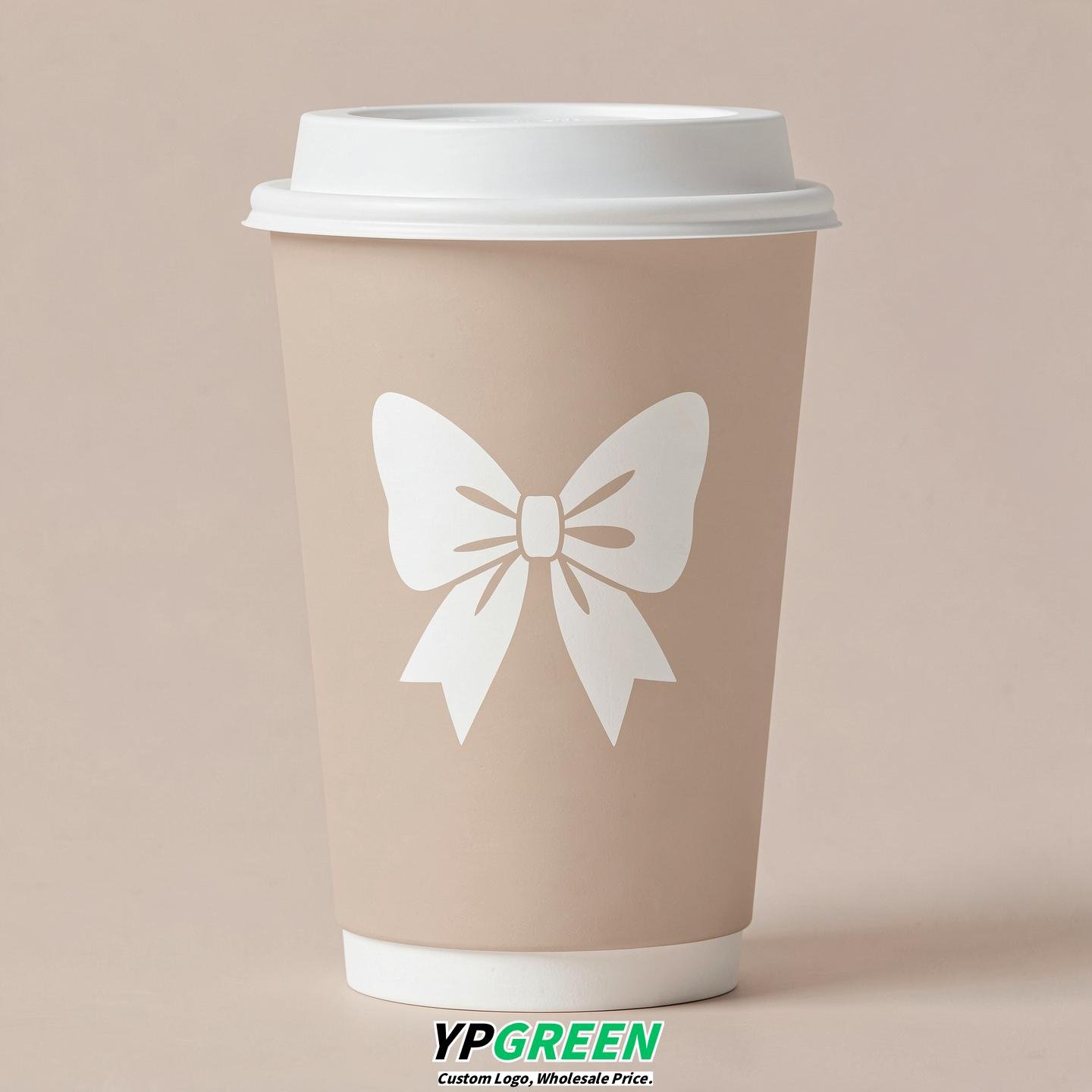 Champagne Paper Cups with Bow Logo & Lids 8-24oz