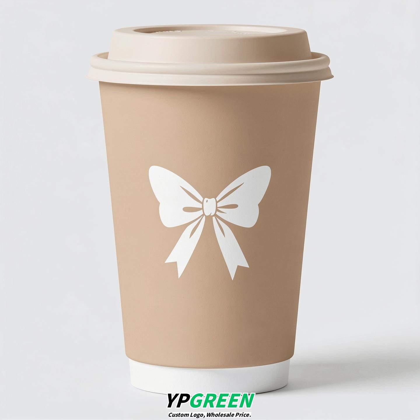 Champagne Paper Cups with Bow Logo & Lids 8-24oz