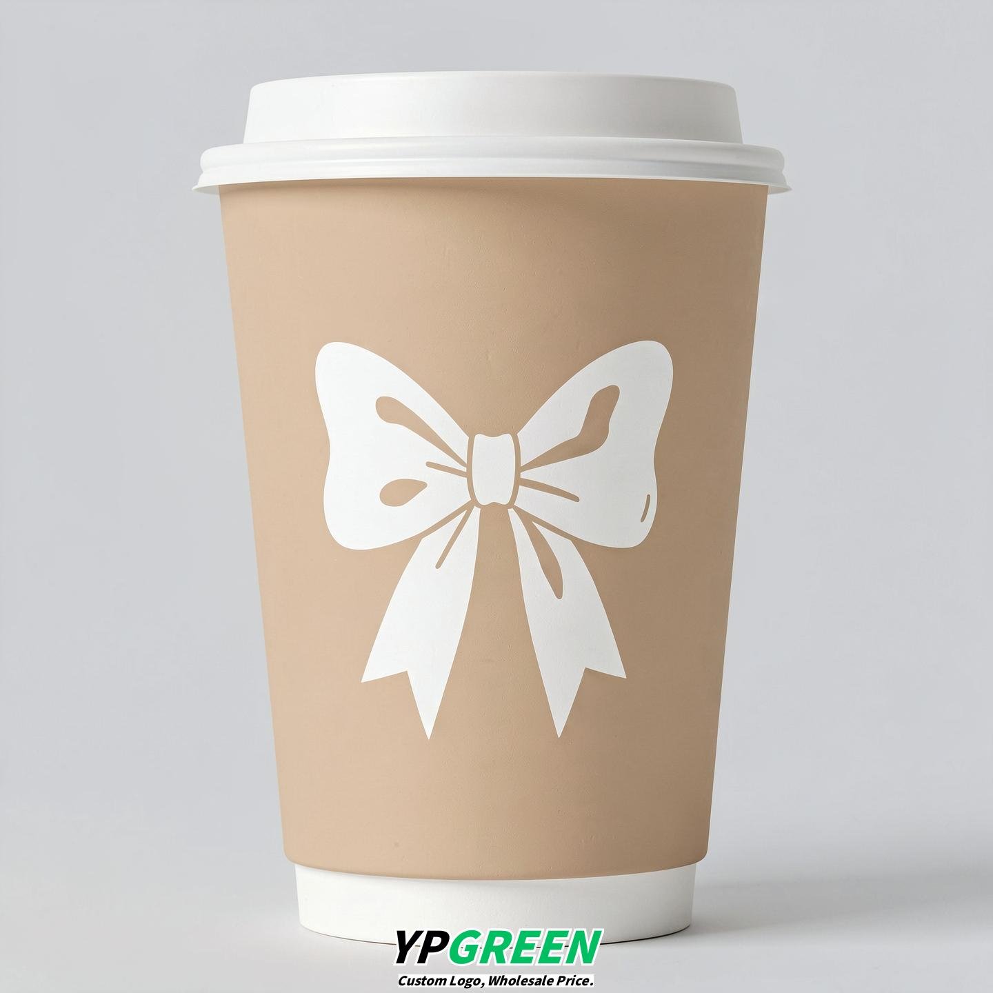 Champagne Paper Cups with Bow Logo & Lids 8-24oz