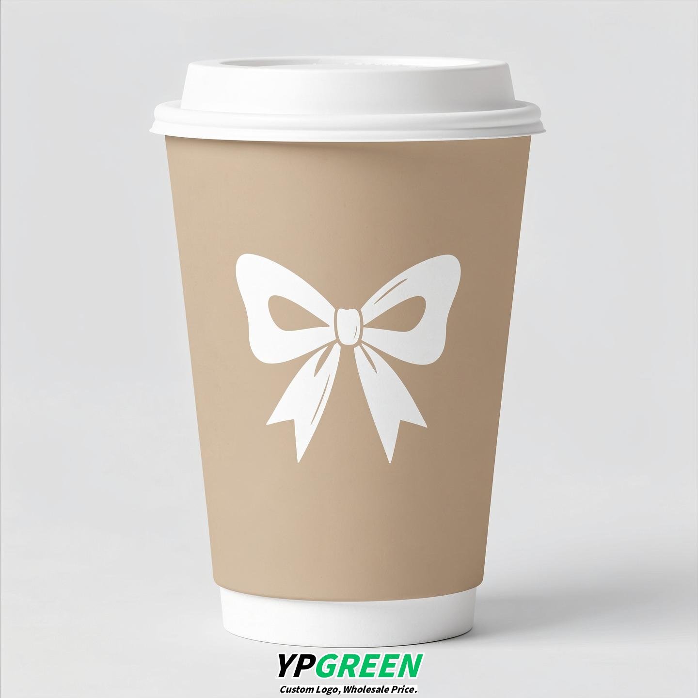 Champagne Paper Cups with Bow Logo & Lids 8-24oz