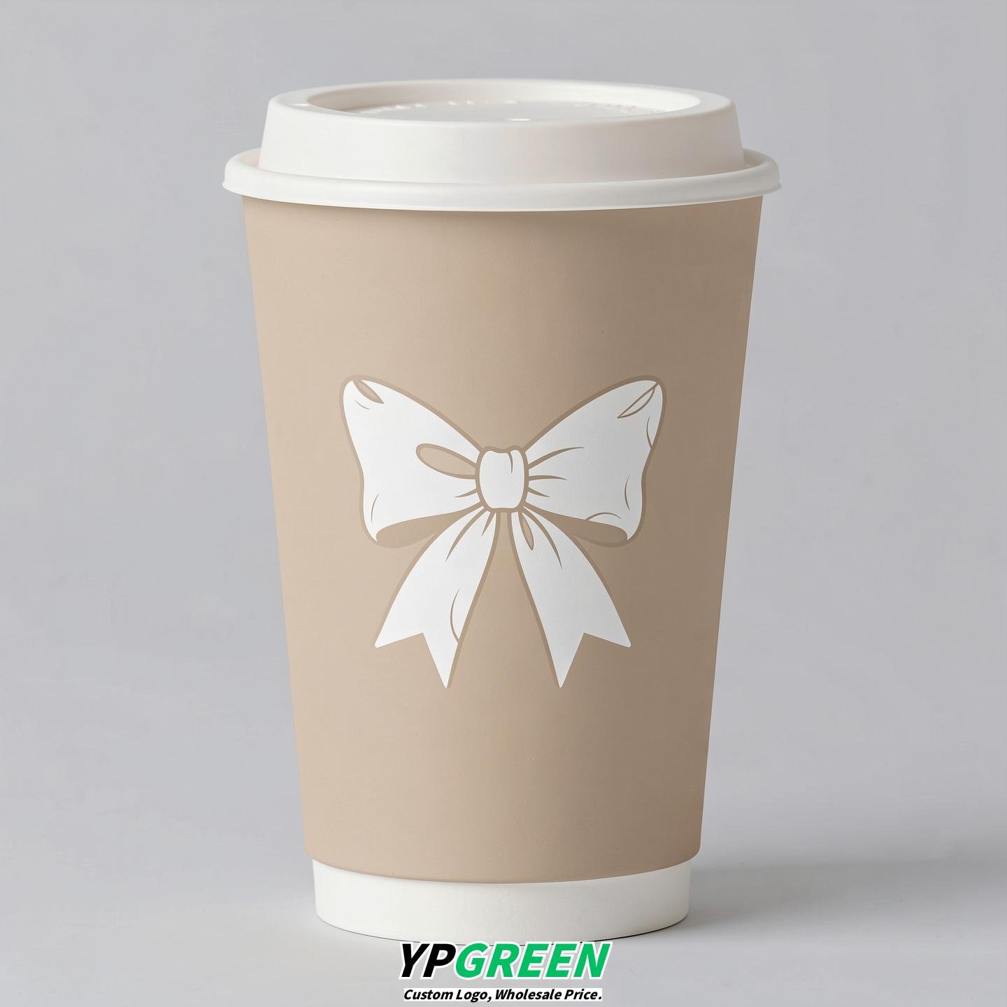 Champagne Paper Cups with Bow Logo & Lids 8-24oz