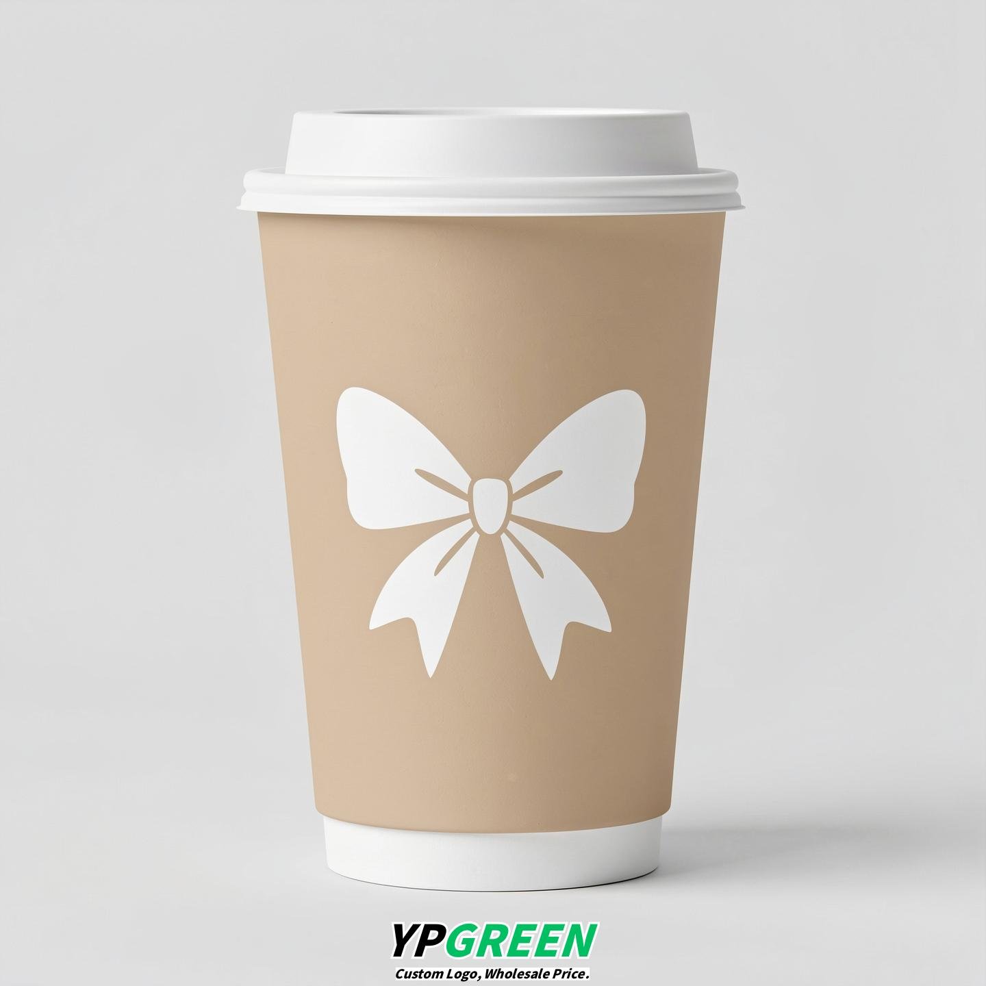 Champagne Paper Cups with Bow Logo & Lids 8-24oz