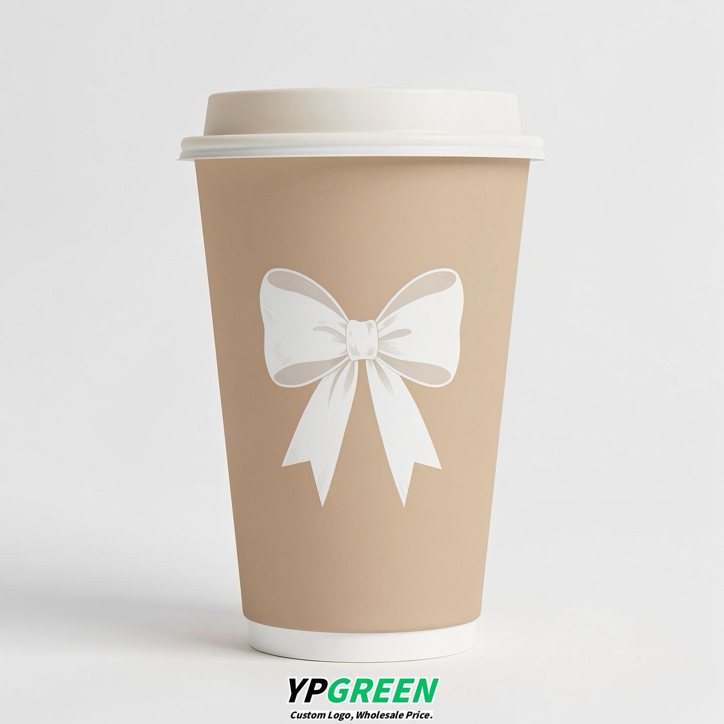 Champagne Paper Cups with Bow Logo & Lids 8-24oz