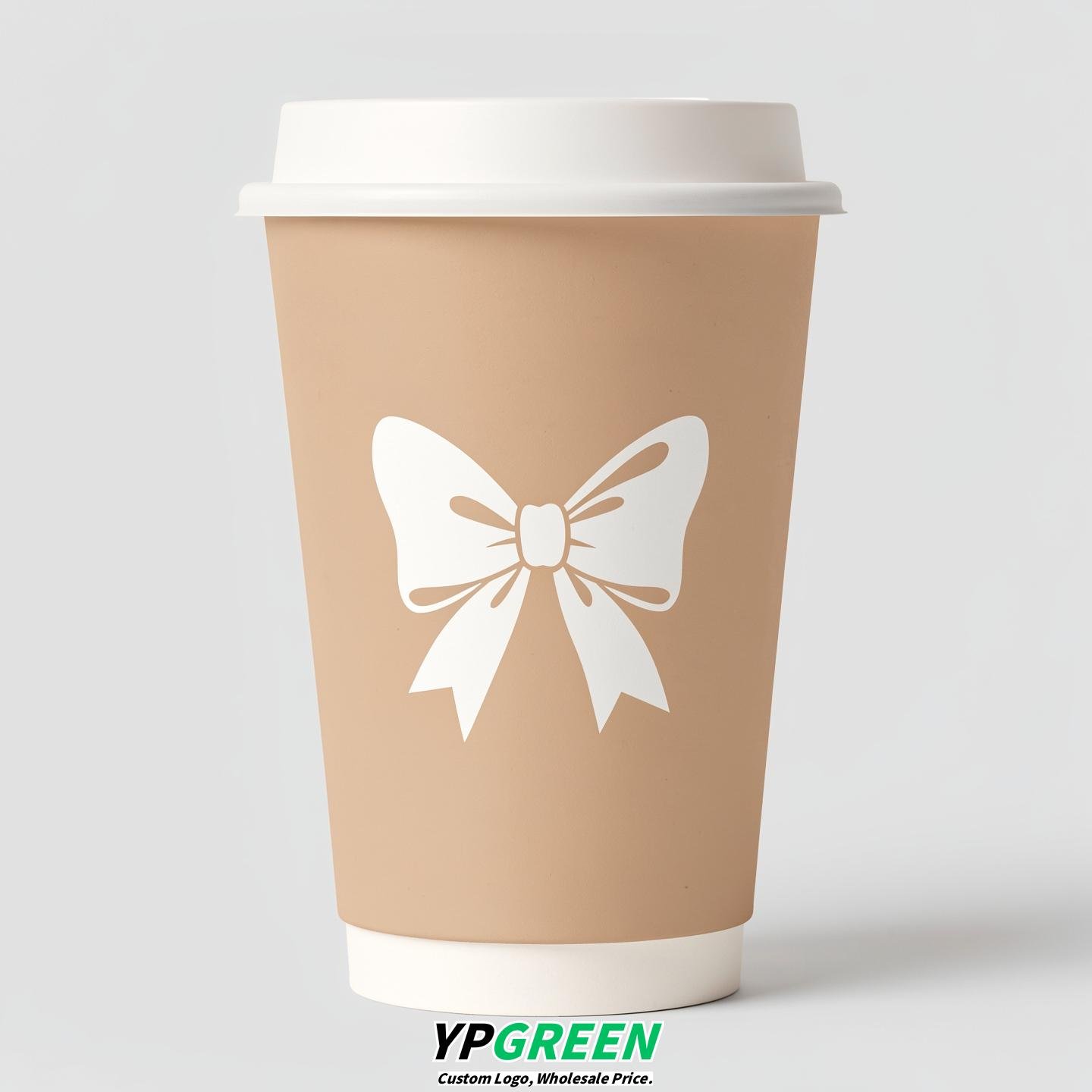 Champagne Paper Cups with Bow Logo & Lids 8-24oz