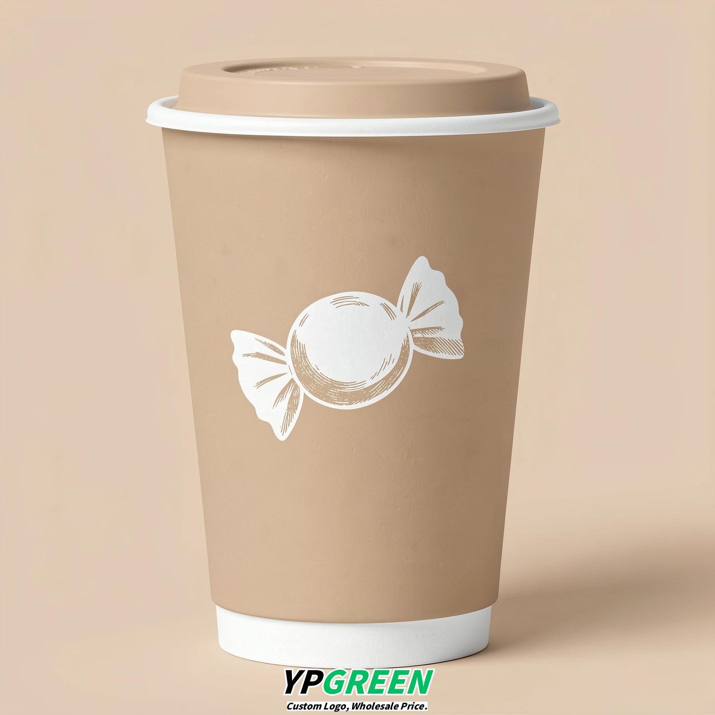 Champagne Paper Cups with Candy Logo & Lids 8-24oz