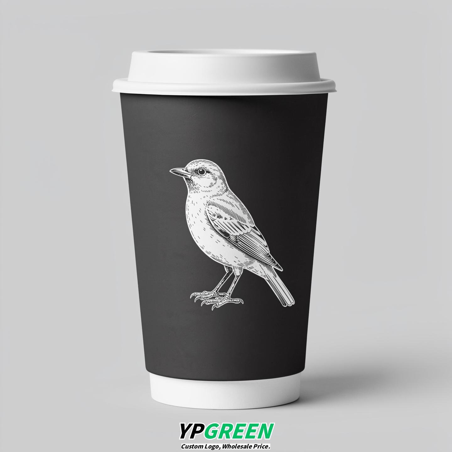 Ivory Paper Cups with Bird Logo & Lids 8-24oz