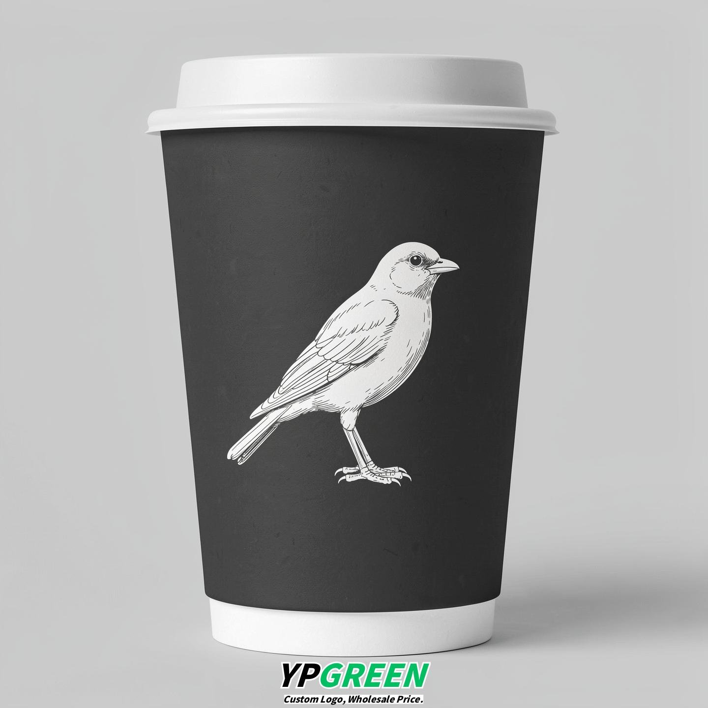 Charcoal Paper Cups with Bird Logo & Lids 8-24oz
