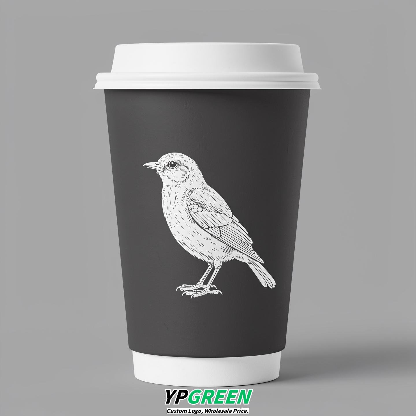 Charcoal Paper Cups with Bird Logo & Lids 8-24oz