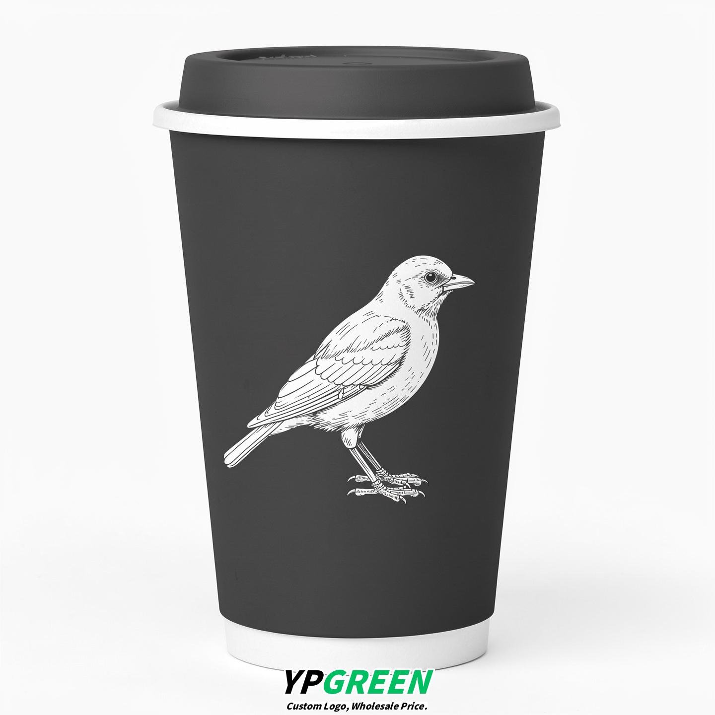 Charcoal Paper Cups with Bird Logo & Lids 8-24oz