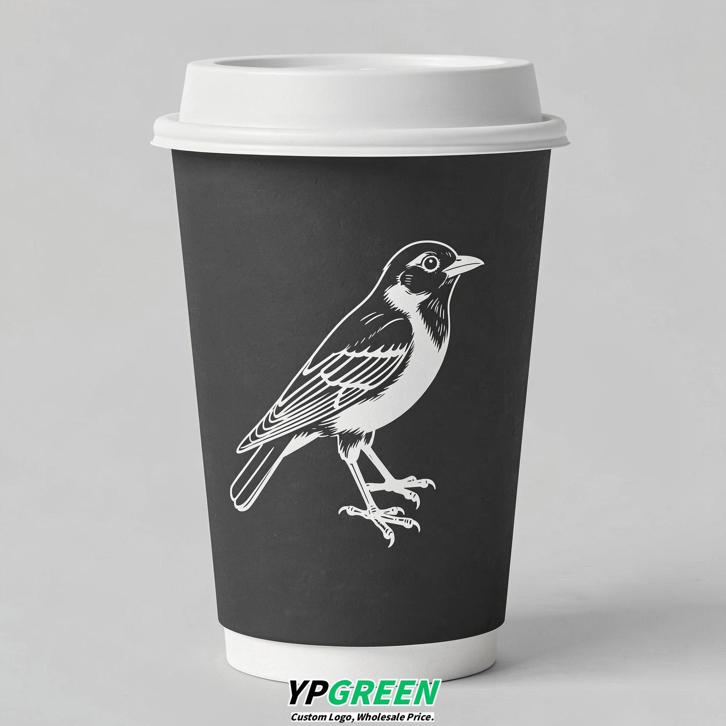 Charcoal Paper Cups with Bird Logo & Lids 8-24oz