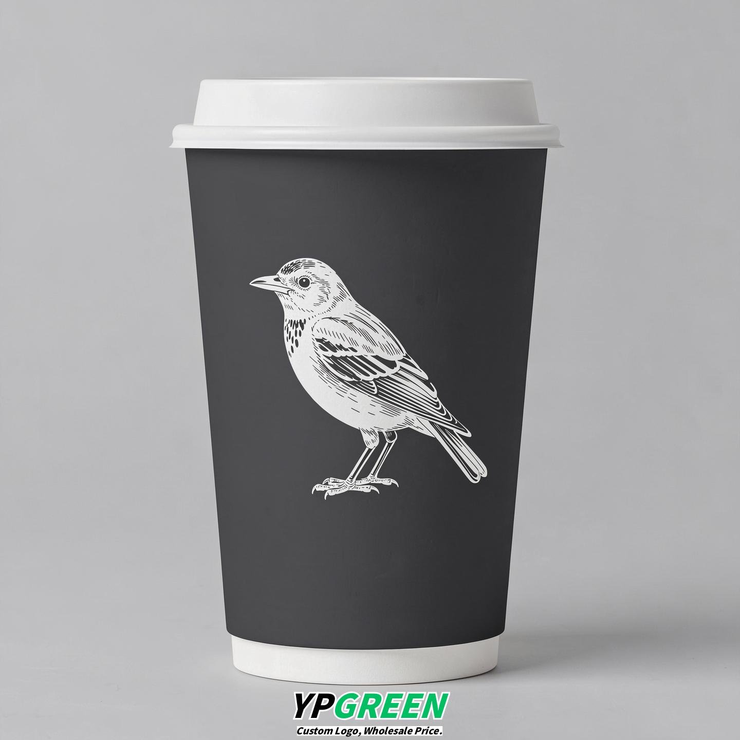 Charcoal Paper Cups with Bird Logo & Lids 8-24oz