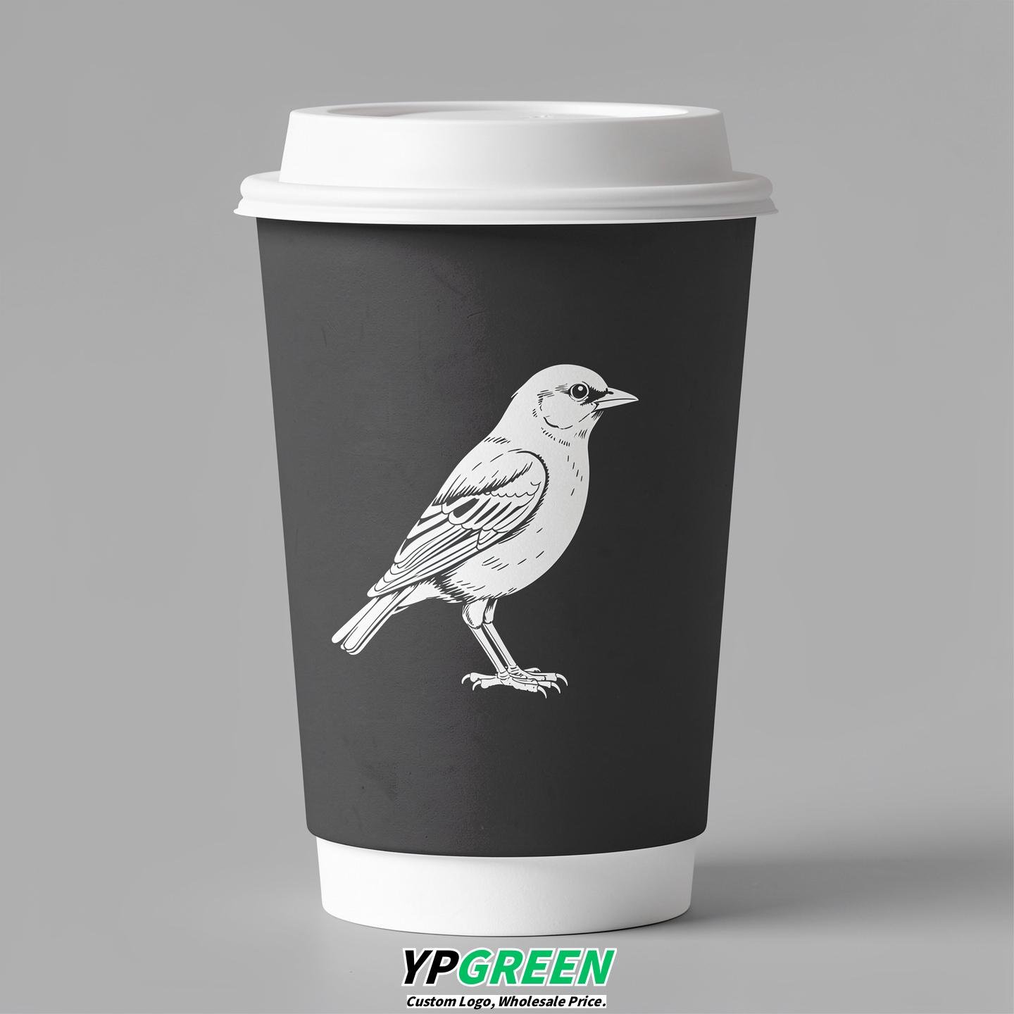 Charcoal Paper Cups with Bird Logo & Lids 8-24oz Charcoal Paper Cups with Bird Logo & Lids 8-24oz