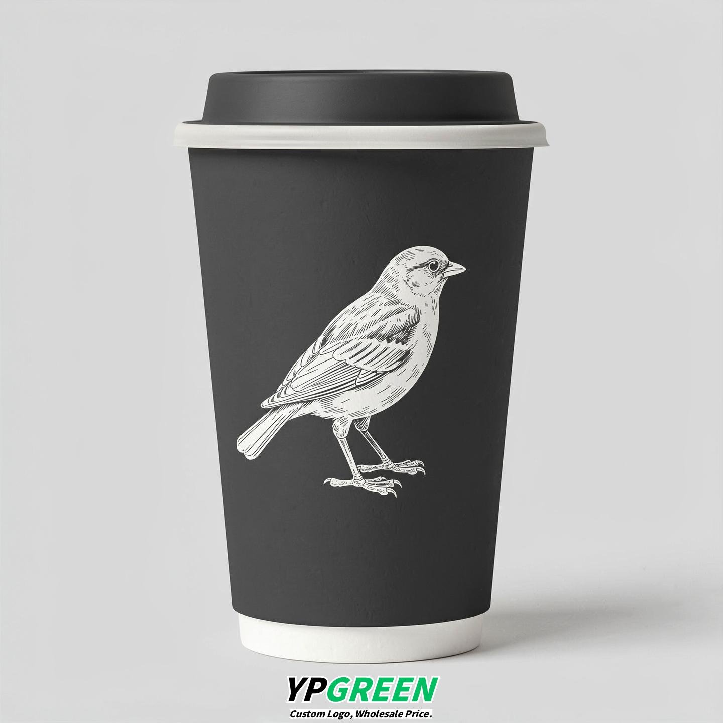 Charcoal Paper Cups with Bird Logo & Lids 8-24oz