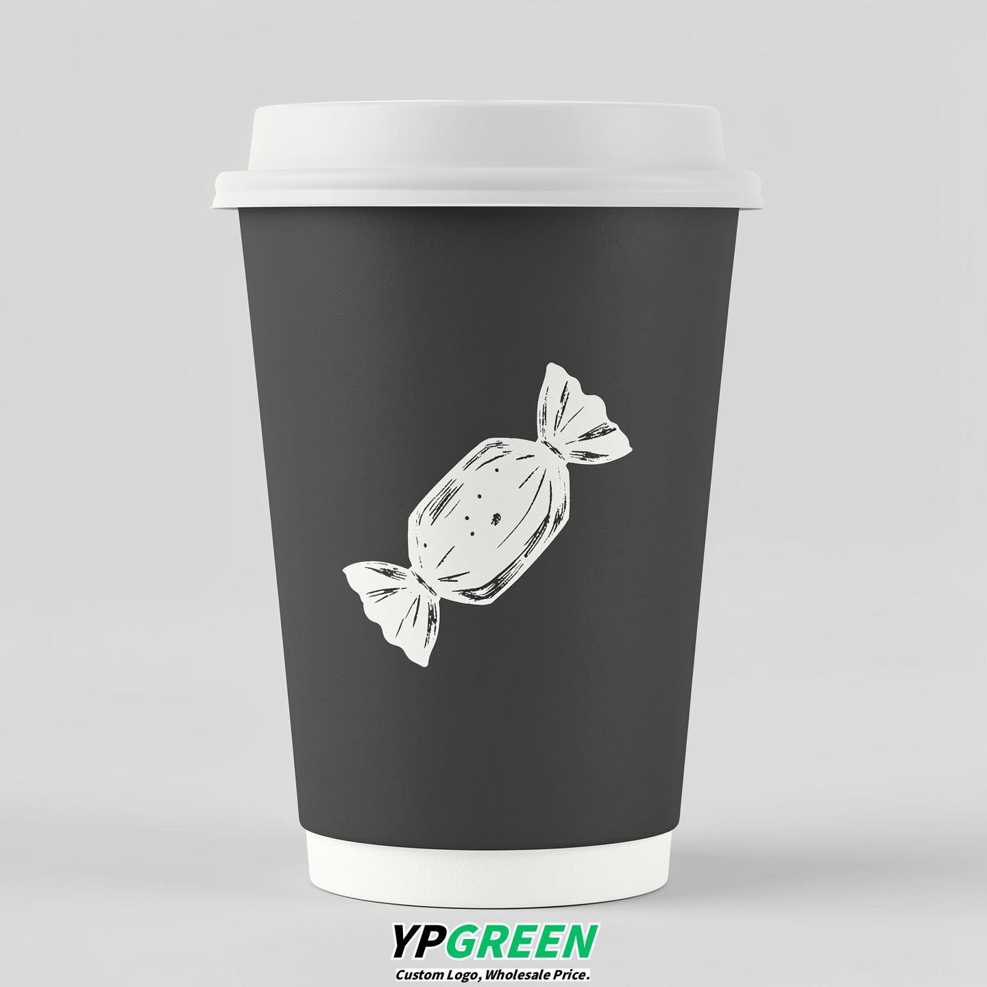 Charcoal Paper Cups with Candy Logo & Lids 8-24oz