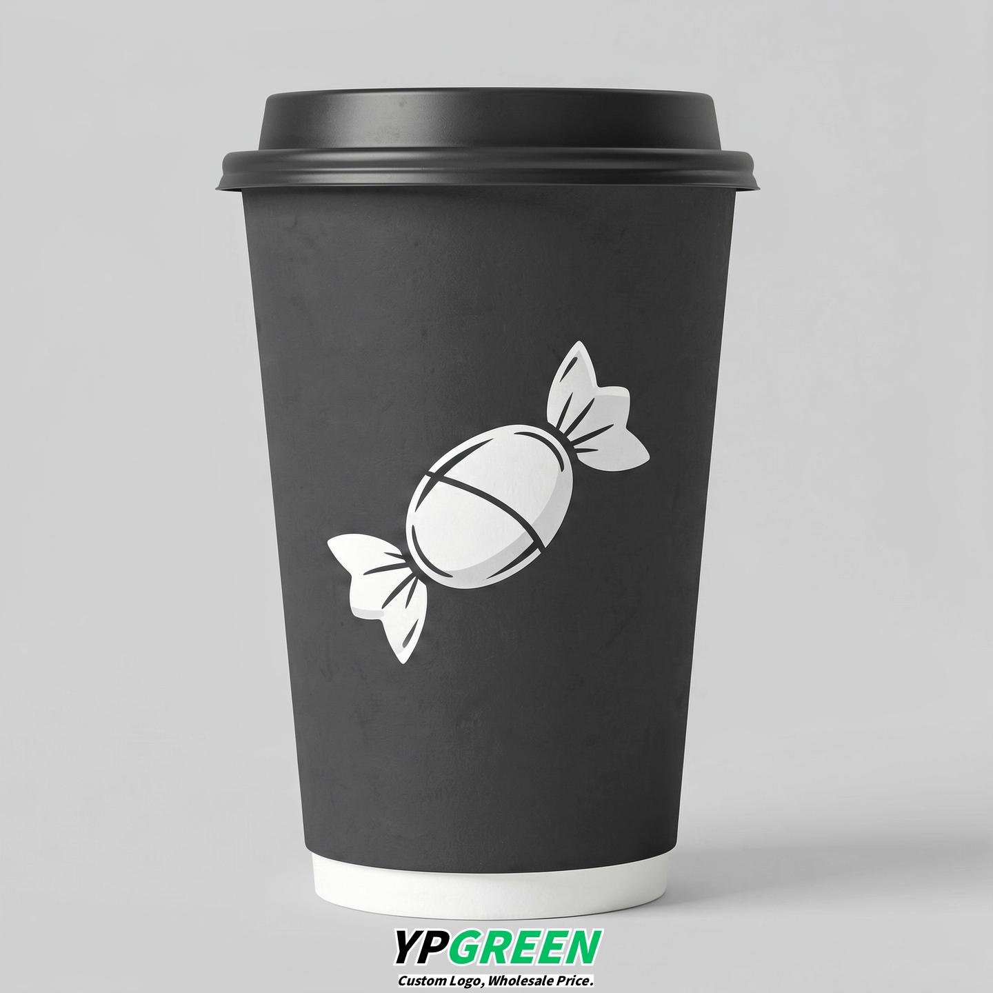 Charcoal Paper Cups with Candy Logo & Lids 8-24oz