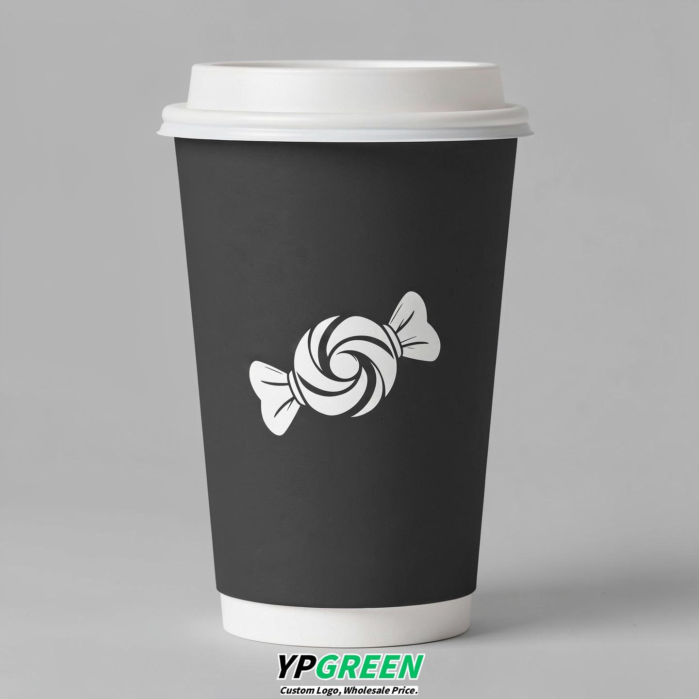 Charcoal Paper Cups with Candy Logo & Lids 8-24oz
