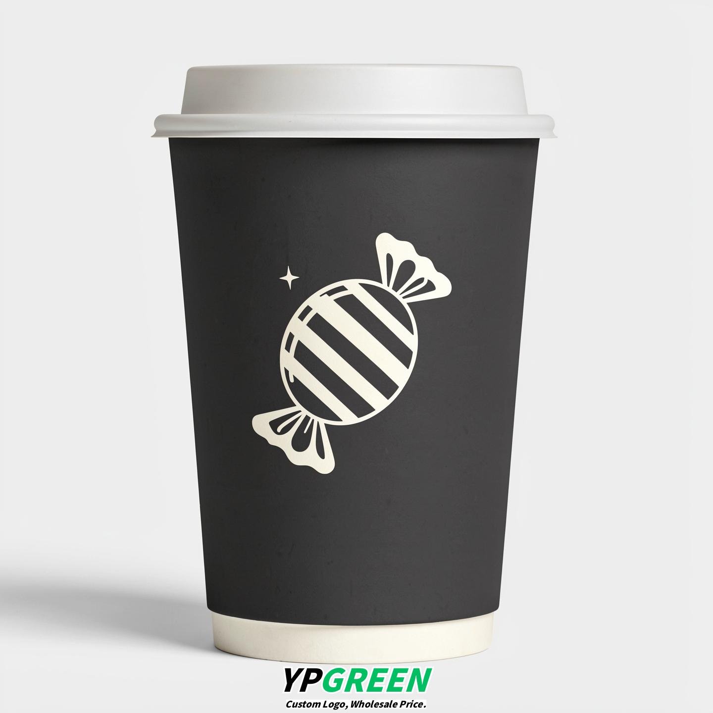 Charcoal Paper Cups with Candy Logo & Lids 8-24oz