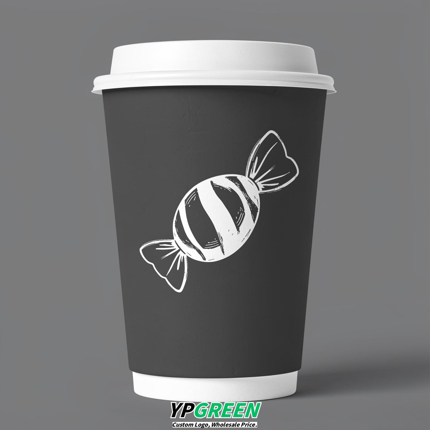 Charcoal Paper Cups with Candy Logo & Lids 8-24oz