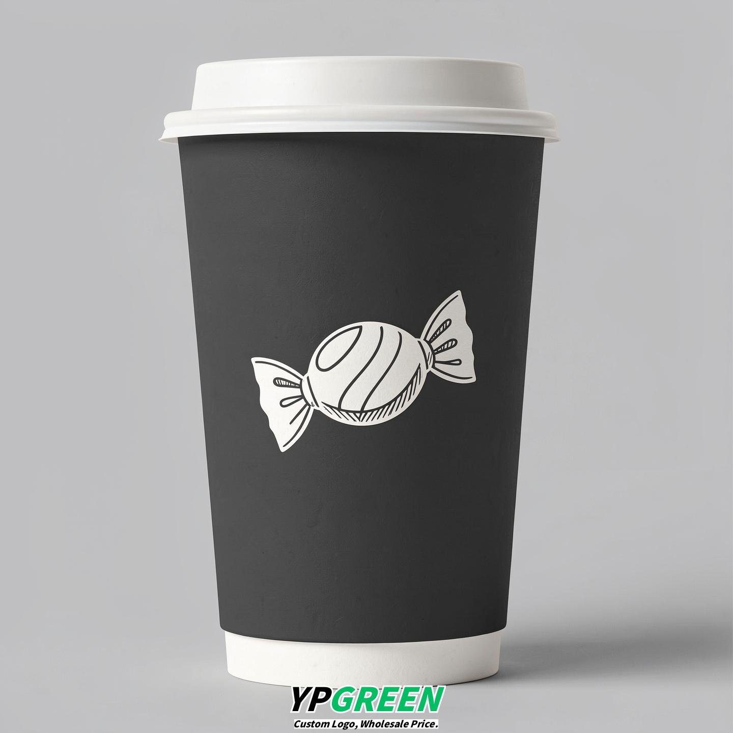 Charcoal Paper Cups with Candy Logo & Lids 8-24oz