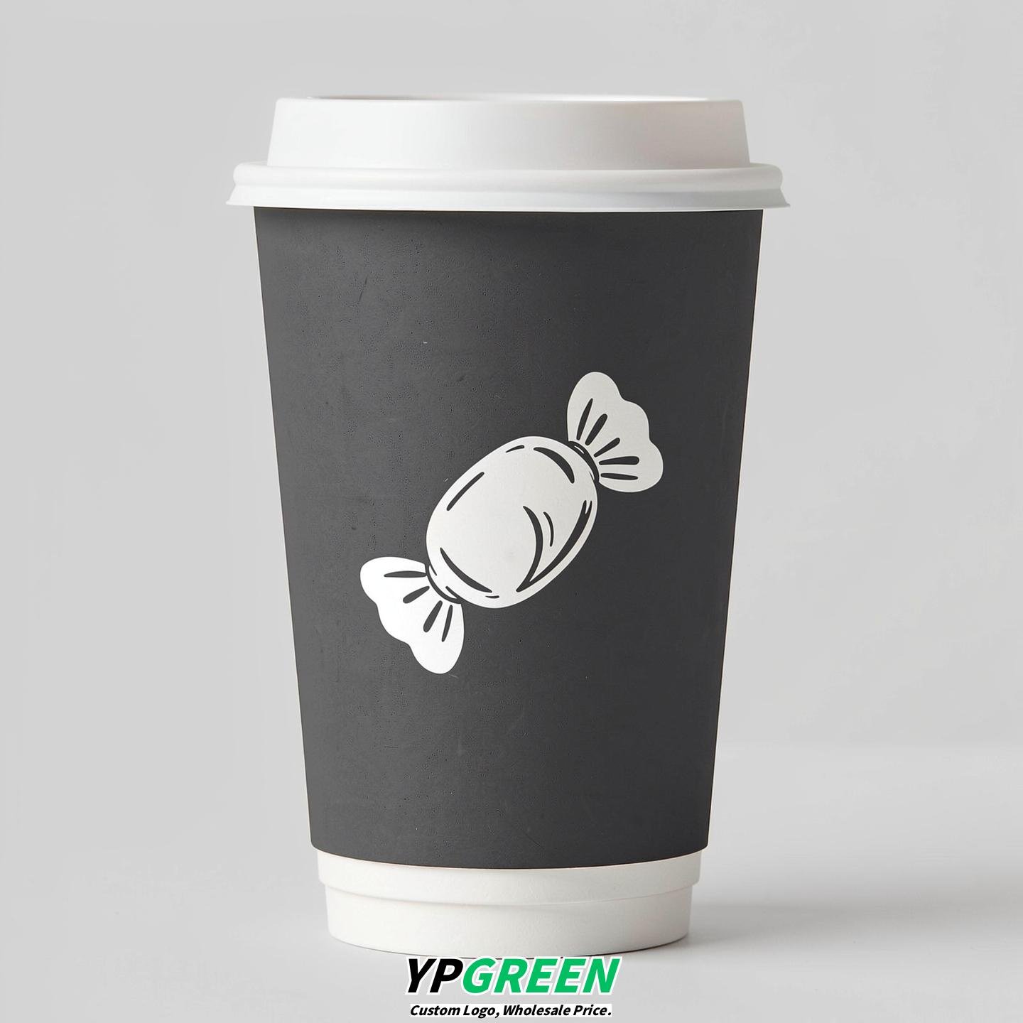 Charcoal Paper Cups with Candy Logo & Lids 8-24oz
