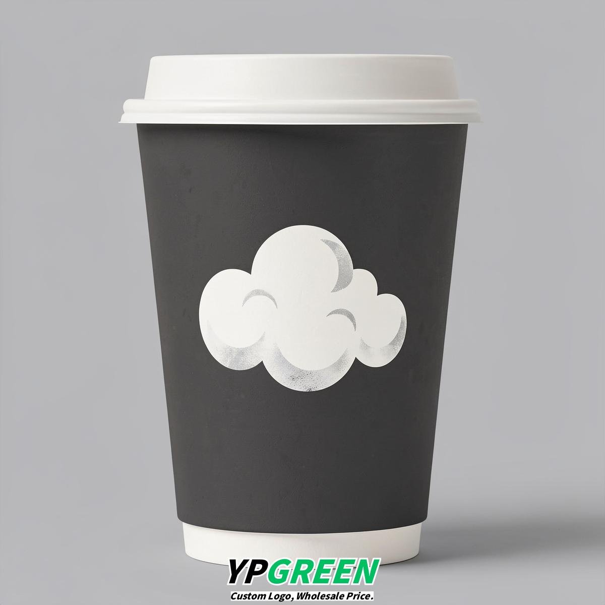 Charcoal Paper Cups with Clouds Logo & Lids 8-24oz