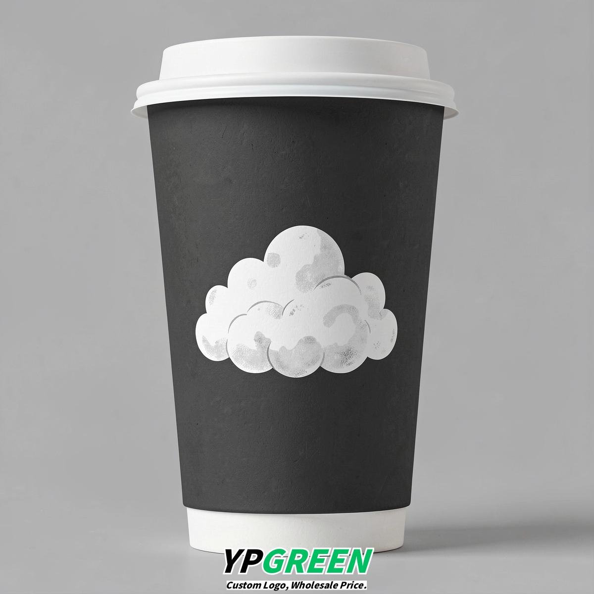 Charcoal Paper Cups with Clouds Logo & Lids 8-24oz