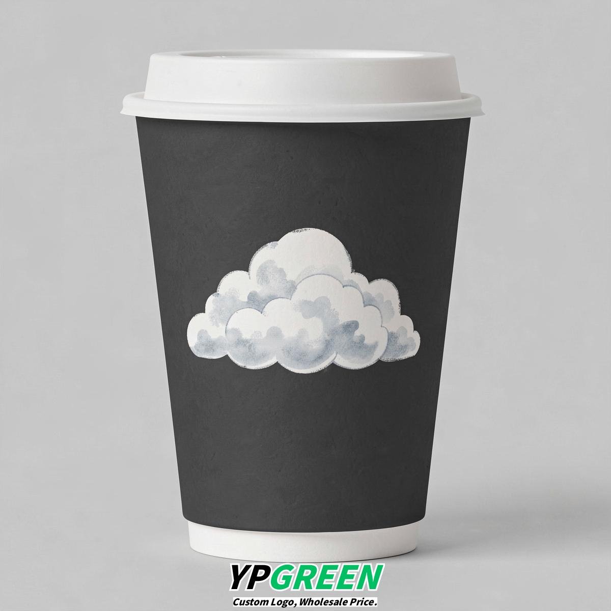 Charcoal Paper Cups with Clouds Logo & Lids 8-24oz