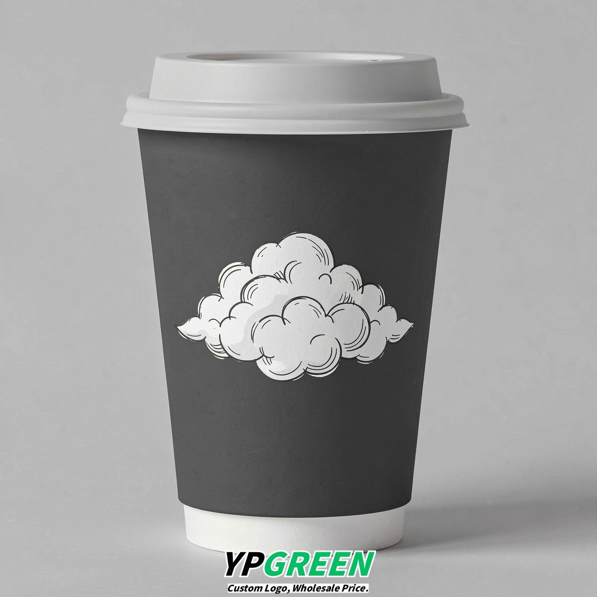 Charcoal Paper Cups with Clouds Logo & Lids 8-24oz