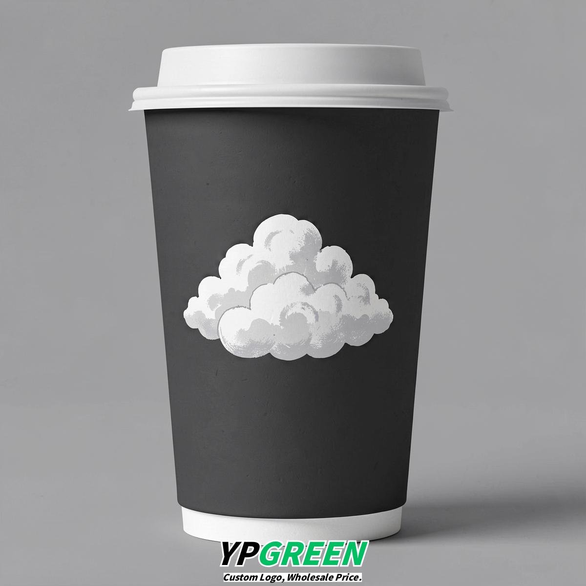 Charcoal Paper Cups with Clouds Logo & Lids 8-24oz