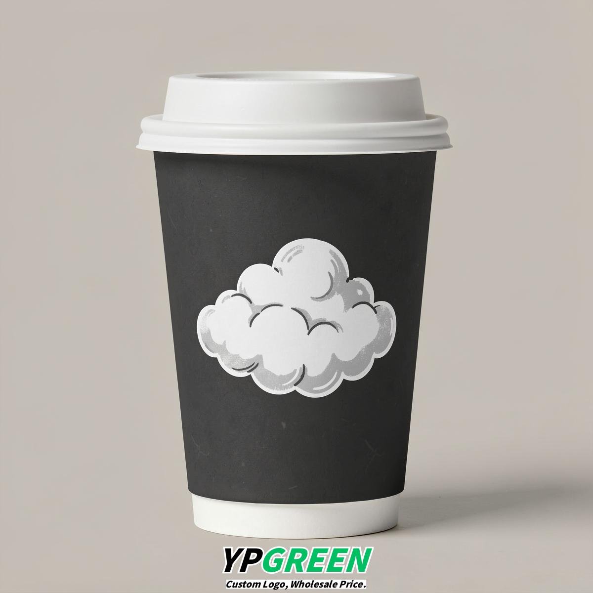 Charcoal Paper Cups with Clouds Logo & Lids 8-24oz